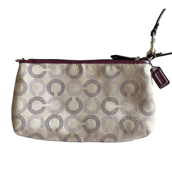 COACH Dotted Op Art Khaki Canvas Plum Purple Leather Large Wristlet + Bag Charm - Picture 2 of 6